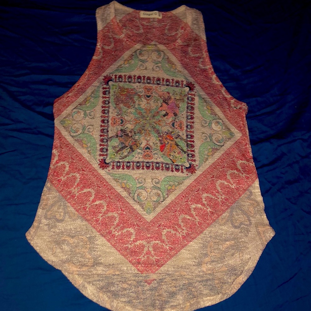 Ginger G bohemian elephant designs with light blue red patterned hippie tank